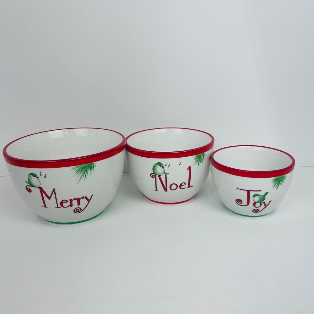 Everyday White Nesting Bowls Set 3 White Red Merry Noel Joy Christmas Porcelain